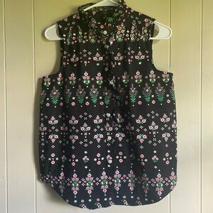 Ann Taylor Floral Print Ruffle Detail Cotton Sleeveless Button Top